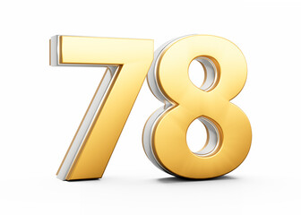 3D Golden Shiny Number 78 Seventy Eight With Silver Outline On White Background 3D Illustration