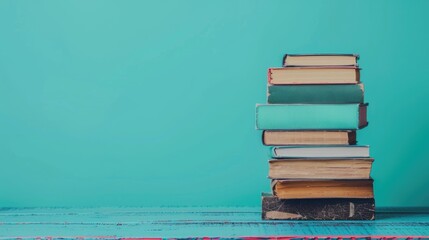 Stacking books on table with blue background Back to school theme Plenty of space for text