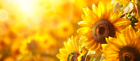 Obraz premium Vibrant sunflowers in full bloom under warm sunlight, creating a picturesque and cheerful summer scene.