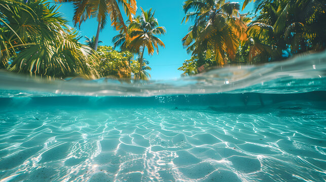 Tropical island with palm trees and clear turquoise water, half underwater view, showcasing serene and picturesque paradise.