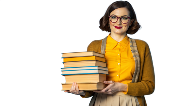Young Woman Holding Stack of Books in Casual Outfit - Powered by Adobe