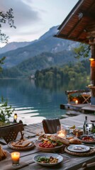 Fototapeta premium Dinner Table With Mountain View at Lake