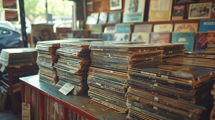 Many cds stacked on a table in a store, garage sale