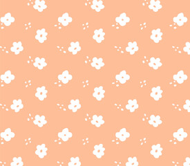 Floral pattern, seamless vector background, cute white flowers on Peach Fuzz background, trendy print for printing on fabric and paper.