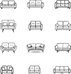 A set of sofa icons, black and white outlines