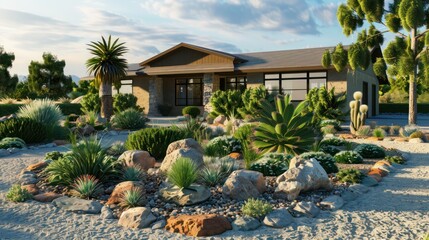 ranch-style home with a front yard that features a series of small, themed rock gardens, each showcasing a different type of rock and alpine plant