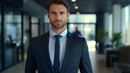 Fototapeta premium Smiling elegant confident young professional business man , male proud leader, smart businessman lawyer or company manager executive looking at camera standing in office.