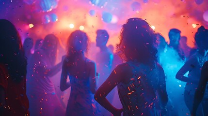 Silhouettes Dancing in a Party with Confetti