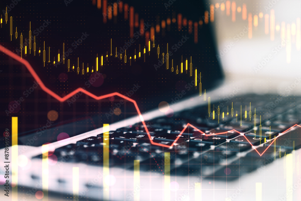 Poster close up of laptop computer on desk with downward red forex chart on blurry background. crisis and f
