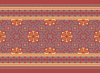 Pixel Ikat seamless ogee vector pattern. Aztec tribal abstract modern textile print. Damask style background with stripes and chevron. Ethnic watercolor fabric. Boho