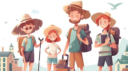 Illustration of a happy family on vacation, dressed in summer attire with hats and backpacks, exploring new places together.