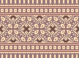 Pixel Ikat seamless ogee vector pattern. Aztec tribal abstract modern textile print. Damask style background with stripes and chevron. Ethnic watercolor fabric. Boho