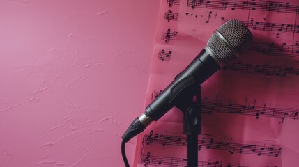 Close-up of a microphone against a pink background with sheet music. Perfect for music-related...