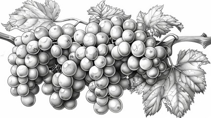 Fototapeta premium coloring book Black and white image of a bunch of grapes with leaves.