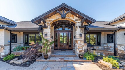 ranch-style home with a large, arched front door and detailed stonework around the entrance