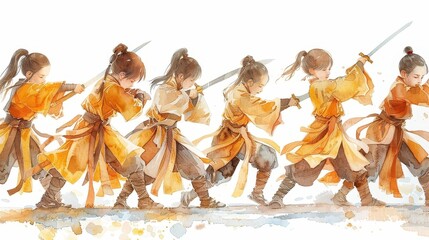 A row of warriors in orange robes wielding swords, showcasing various fighting stances.