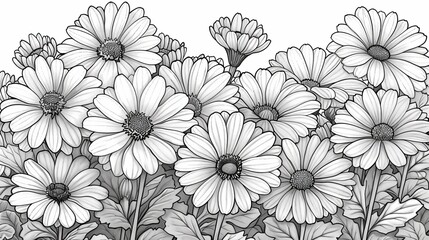coloring book Black and white image of a field of daisies.