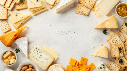 Different types of cheeses and crackers arranged in a minimalist frame around a clean copy space