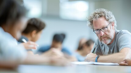 Editorial style photo of a small group of students receiving instruction from a professor, dynamic composition, bright classroom, engaging expressions