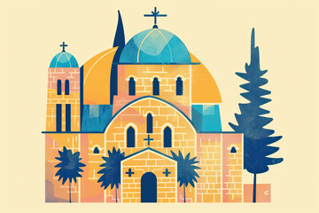 Risograph riso print travel poster, card, wallpaper or banner illustration, modern, isolated, clear and simple of Church of the Holy Sepulchre, Jerusalem, Israel. Texture, backdrop, screen printing