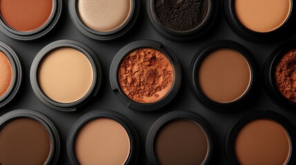 Face Powder Focus on a collection of face powders in elegant compacts, with a stylish background, empty space center for text., 