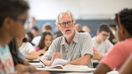 Editorial style photo of a small group of students receiving instruction from a professor, dynamic composition, bright classroom, engaging expressions