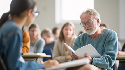 Documentary style photo of a small group of students receiving instruction from a professor, natural light, candid moment, focus on interaction and engagement
