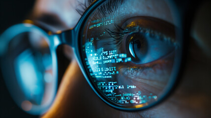 Close up of a woman wearing high tech glasses displaying colorful digital data and graphs in a futuristic setting