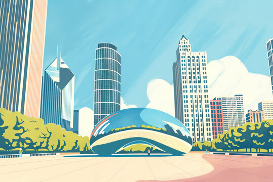 Risograph riso print travel poster, card, wallpaper or banner illustration, modern, isolated, clear and simple of Cloud Gate, Chicago, USA. Artistic, screen printing, graphic design