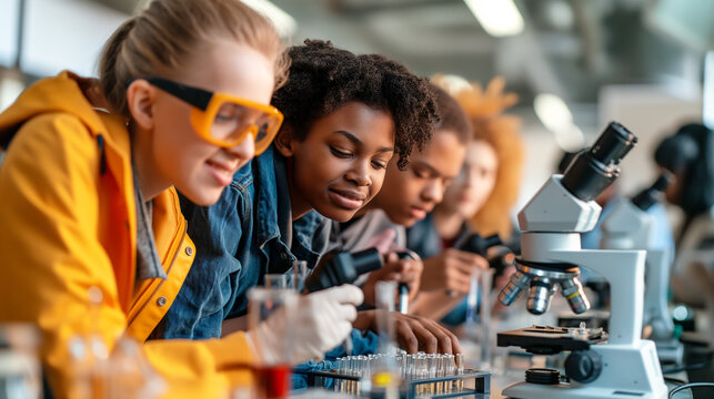 A group of high school students working on a science project in a modern laboratory