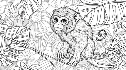 Fototapeta premium coloring book The image shows a cute monkey sitting on a branch in the jungle, looking at the viewer with curious eyes