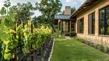 Fototapeta premium ranch-style home with a side yard that includes a small vineyard, offering a touch of rustic charm