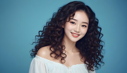 Pretty Asian beauty woman curly long hair with Korean makeup glowing face and healthy facial skin portrait smile on isolated blue background. 