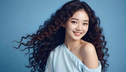 Pretty Asian beauty woman curly long hair with Korean makeup glowing face and healthy facial skin portrait smile on isolated blue background. 