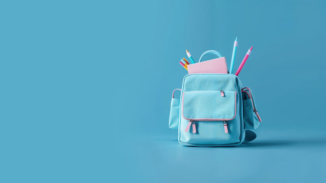 un cartable d'&eacute;colier avec crayons et cahiers sur un fond bleu avec espace vide pour du texte