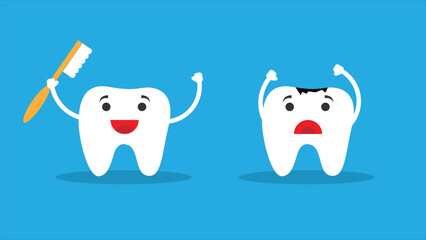 Happy Healthy Tooth and One with Caries Flat Style. Dental care and mouth care concept vector