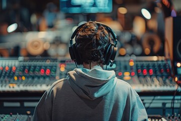 Obraz premium A music producer fine-tuning a track in a studio.