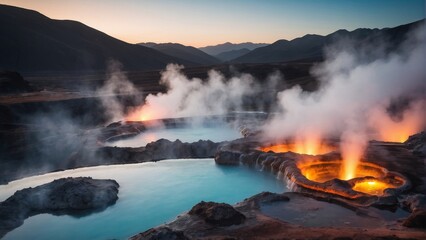 An image of a geothermal spring with hot springs, emitting steam and water from the earth.