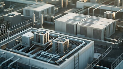 Fototapeta premium Close-up of air conditioning (HVAC) units on the roof of an industrial building, depicted in high-definition from a top view.