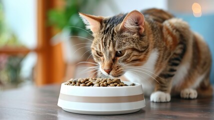 A cute tabby cat eating dry food from a bowl on a wooden table in a cozy home setting with green plants in the background.