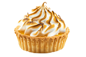 Close-up of a lemon meringue pie featuring a golden crust, zesty lemon filling isolated on white transparent background.
