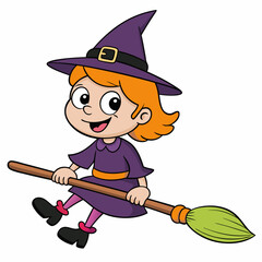 halloween witch with broom vector illustration, halloween witch isolated on white, witch with broom, witch flying with broom vector art