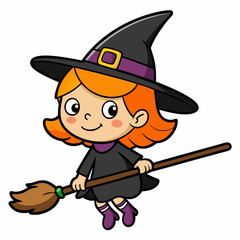 Obraz premium halloween witch with broom vector illustration, halloween witch isolated on white, witch with broom, witch flying with broom vector art