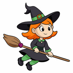 halloween witch with broom vector illustration, halloween witch isolated on white, witch with broom, witch flying with broom vector art