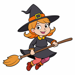 halloween witch with broom vector illustration, halloween witch isolated on white, witch with broom, witch flying with broom vector art