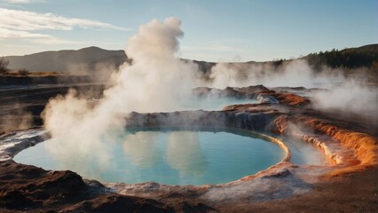 An image of a geothermal spring with hot springs, emitting steam and water from the earth.