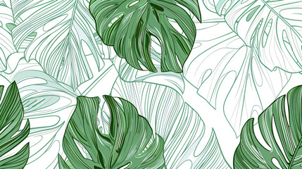 Abstract vector line art drawing of monstera leaves on a white background, using a green and gray color palette in the style of a seamless pattern design.