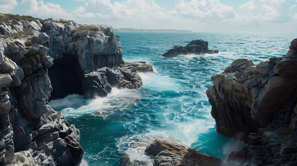 Majestic coastal cliffs with turquoise waves crashing into rocky shores under a partly cloudy sky
