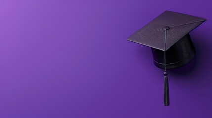 Black Mortar Board Cap on Purple Background Back to School Graduation Banner