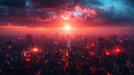 Fototapeta premium Cityscape at Sunset with Red Sky